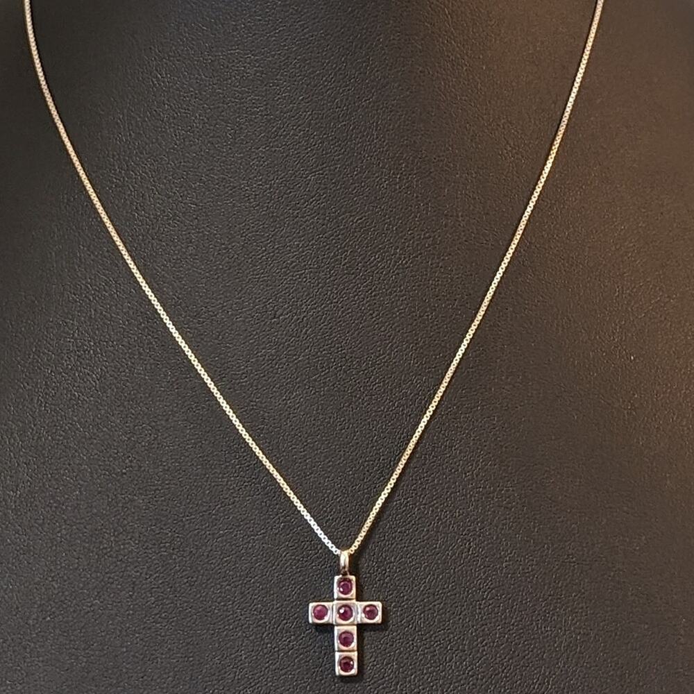 ELLE Signed Tested Ruby Cross Sterling Silver Pendant on 925 Box Chain Necklace